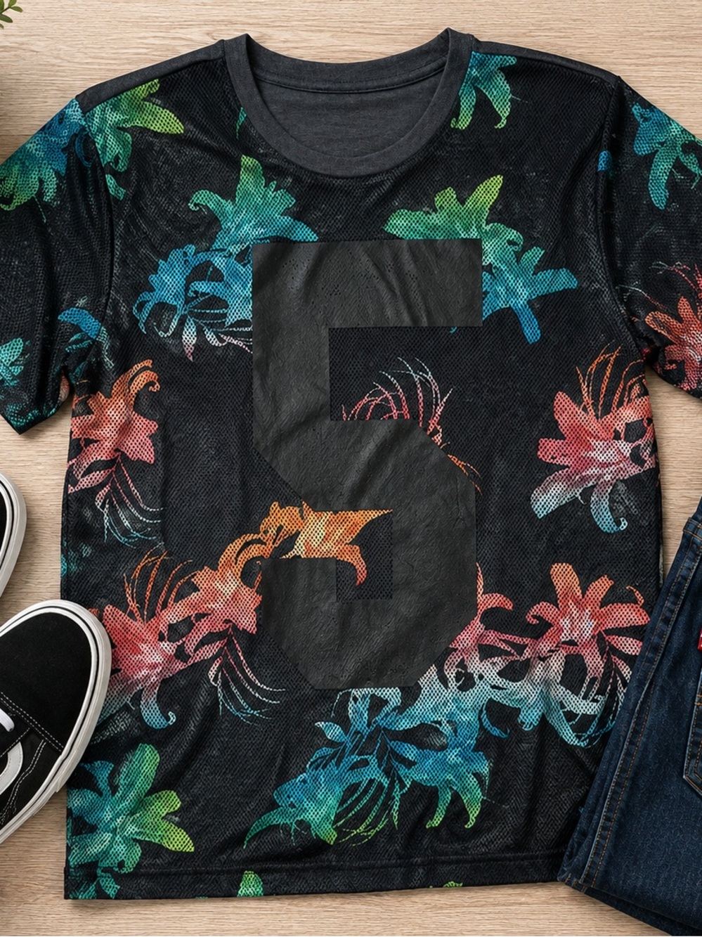 Men's Black Floral Graphic Tee with Large '5'
